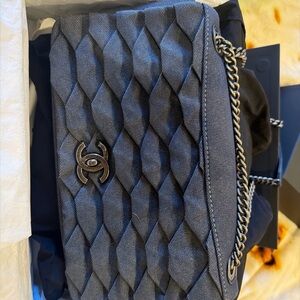 Chanel  Pleated Denim Turtle Flap Blue